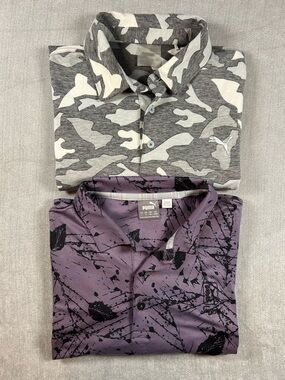 Lot of 2 Puma Golf Cloudspun Polo Shirts Purple Frequency & Grey Camo Mens Large
